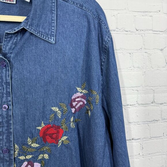 Vintage 90s Y2K Blouse Women Plus 2X Blue Denim Chambray Floral Embroidered Top - Picture 5 of 13
